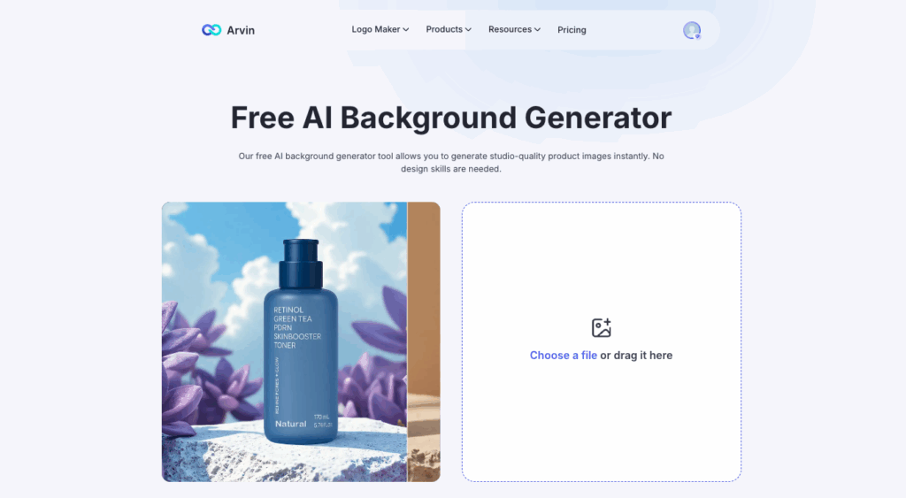 Arvin AI Free AI Background Generator interface showing product photo upload area and example of a generated product image with studio-style background.